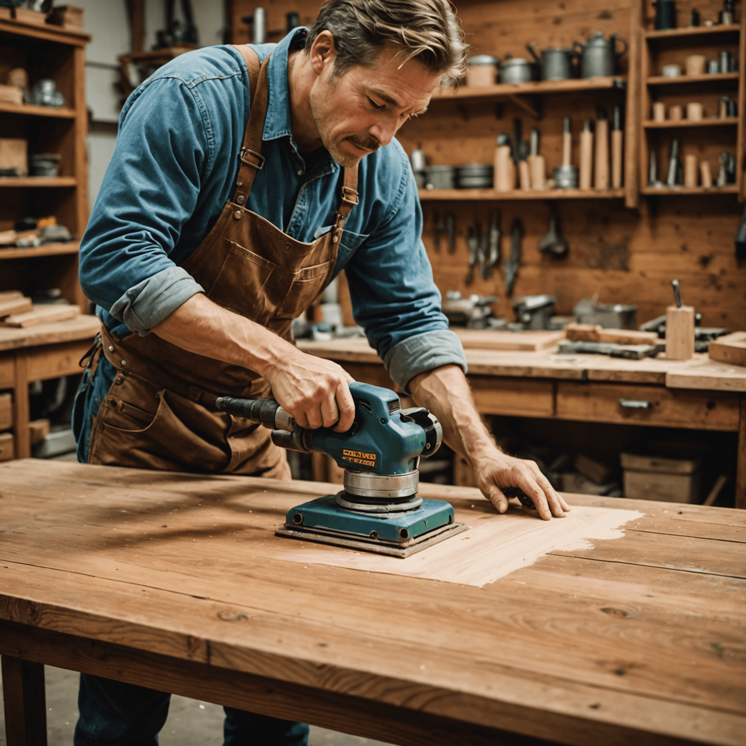 A skilled craftsman carefully sanding and refinishing a vintage wooden table, bringing out its natural grain and luster