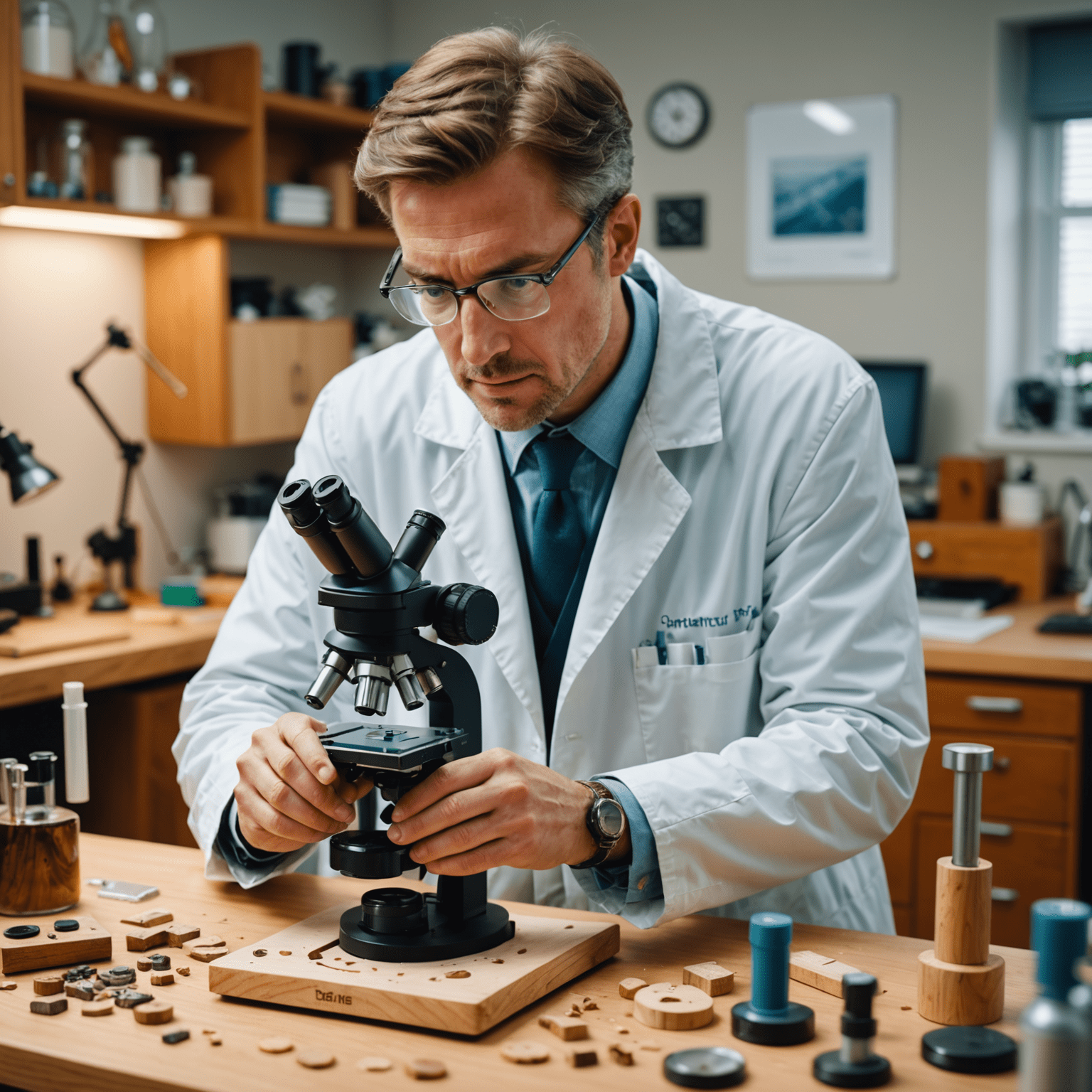 A scientist in a lab coat examining a piece of genetically modified wood under a microscope, with various furniture items in the background