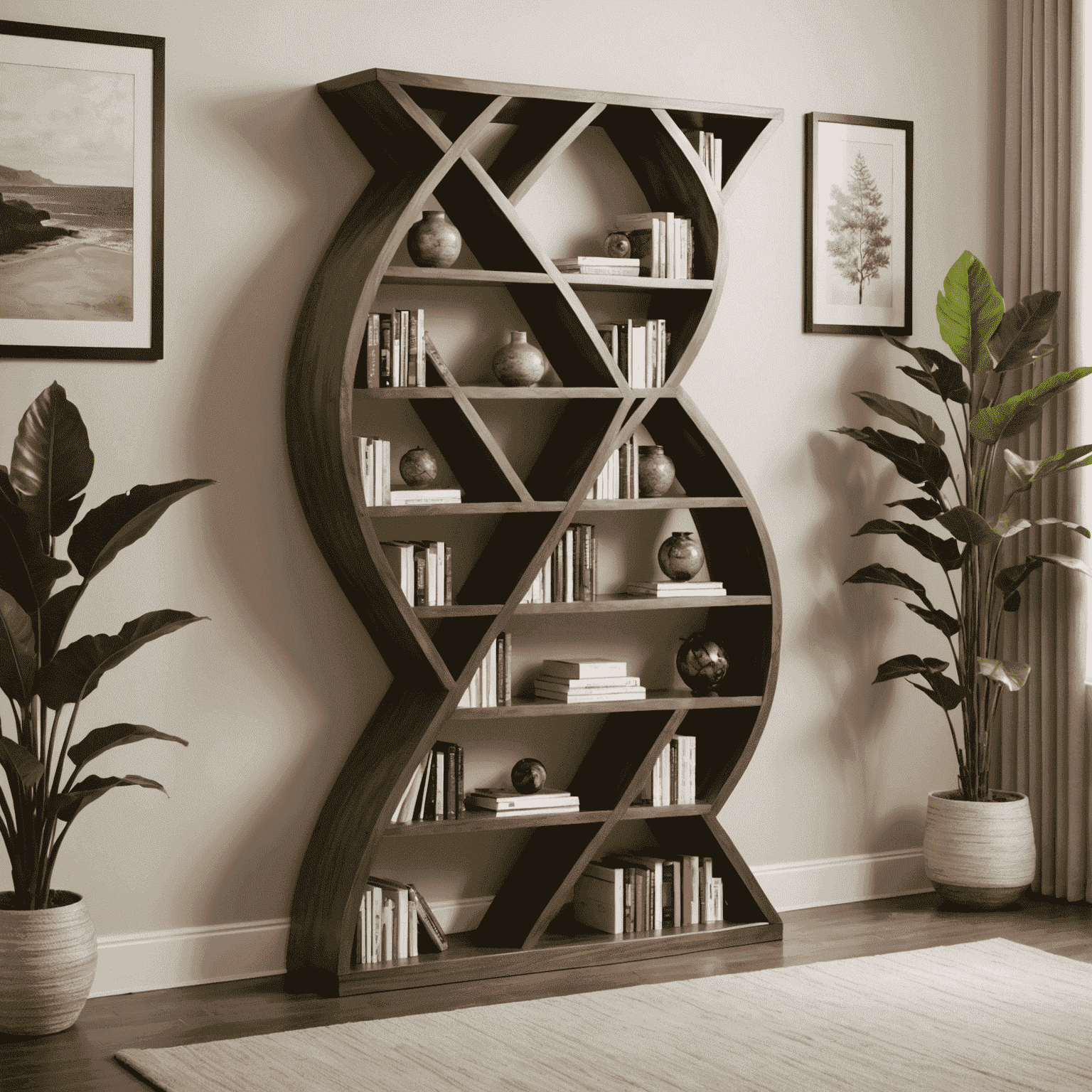 A sleek double helix-shaped bookshelf made of rich walnut wood, showcasing the perfect blend of scientific inspiration and functional furniture design