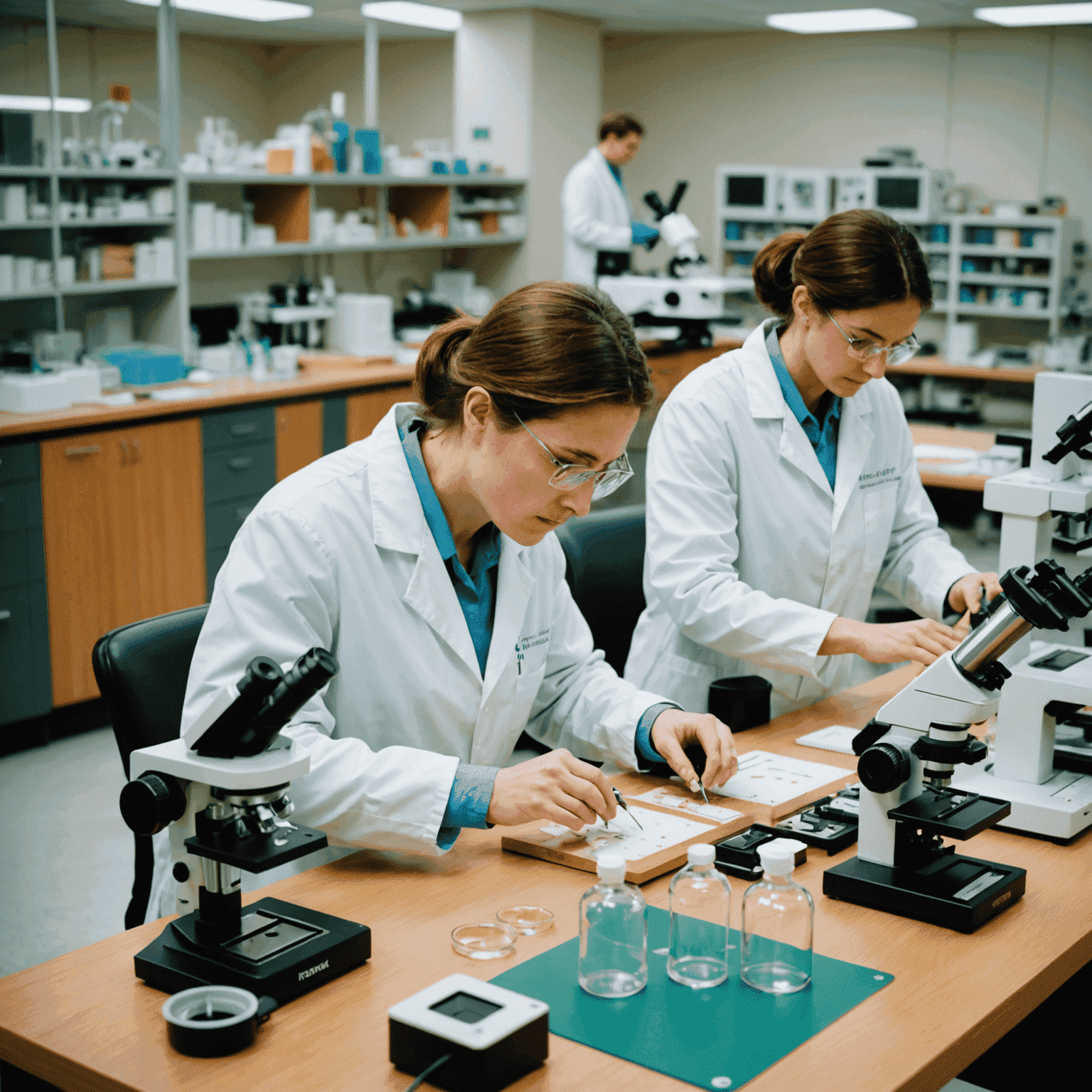 A laboratory setting with scientists examining wood samples under microscopes. Various petri dishes containing genetically modified wood cells are visible. In the background, prototypes of furniture made from bioengineered materials are displayed.