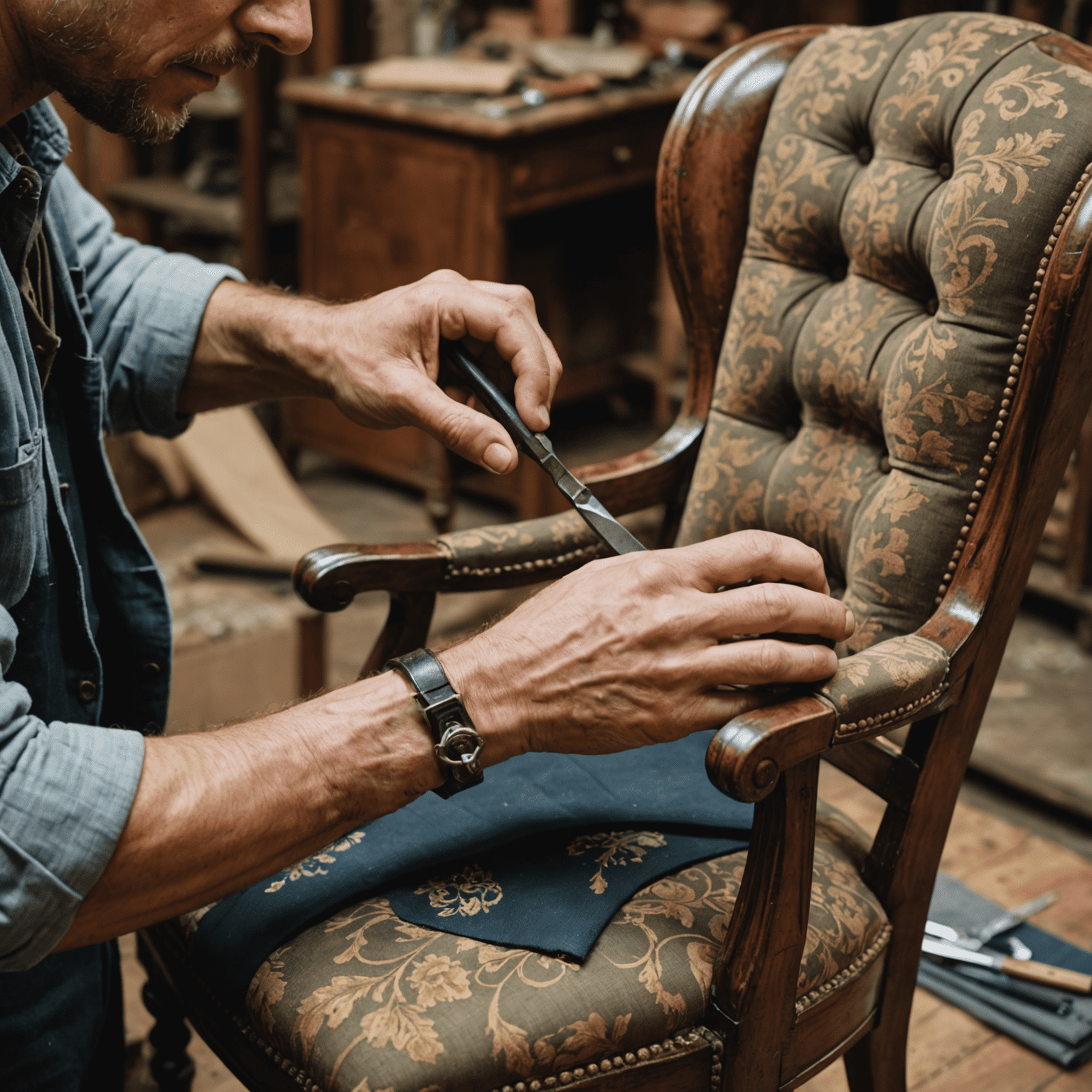 A close-up of a skilled craftsman carefully restoring the upholstery of an antique armchair, with various tools and fabric swatches visible in the background