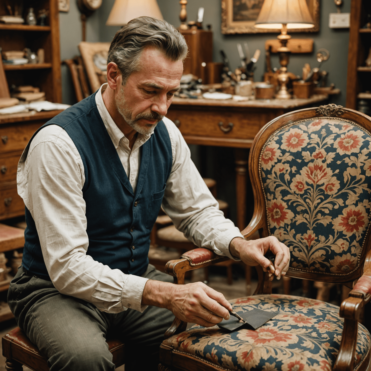 A skilled craftsman carefully restoring an antique armchair, meticulously reupholstering it with a rich, patterned fabric. The workspace is filled with various upholstery tools and swatches of high-quality materials.