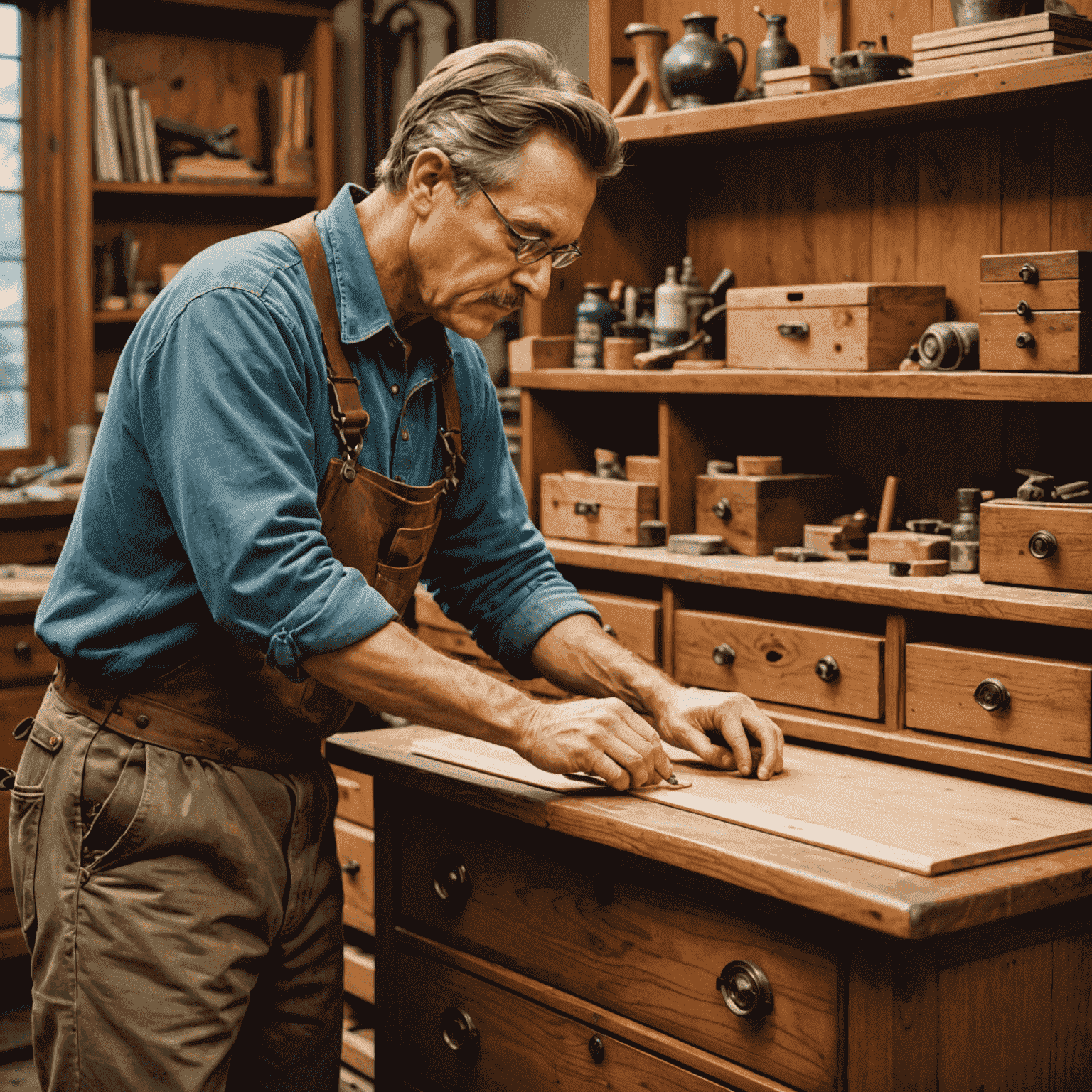 A craftsman carefully sanding and refinishing a beautiful antique wooden dresser, revealing its rich grain and warm tones