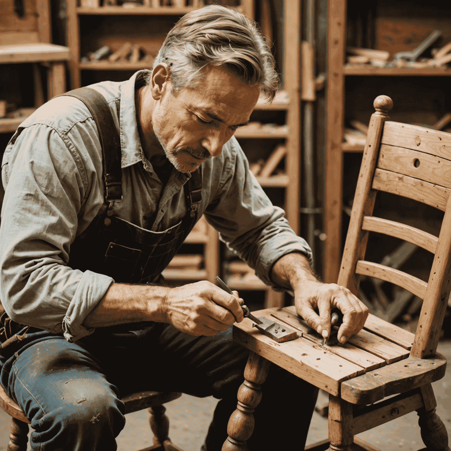 Skilled craftsman carefully repairing the structural integrity of an antique wooden chair, focusing on reinforcing joints and replacing damaged wood components