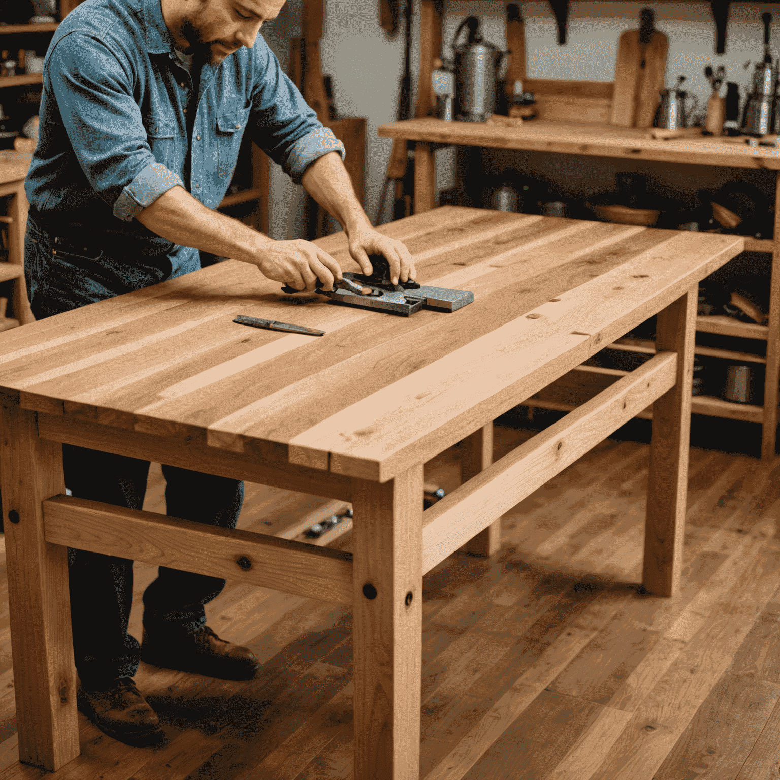 A craftsman carefully modifying a wooden dining table, adjusting its height and adding an extension leaf to accommodate more guests. The image showcases the precision and skill involved in custom furniture modifications.