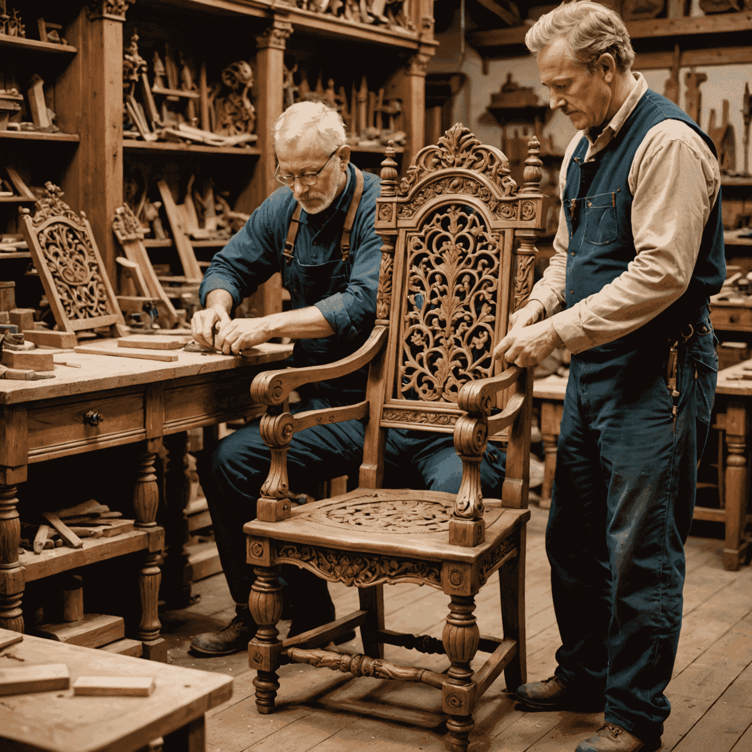 A skilled craftsman carefully restoring an ornate Victorian-era wooden chair, paying close attention to intricate carvings and delicate inlays