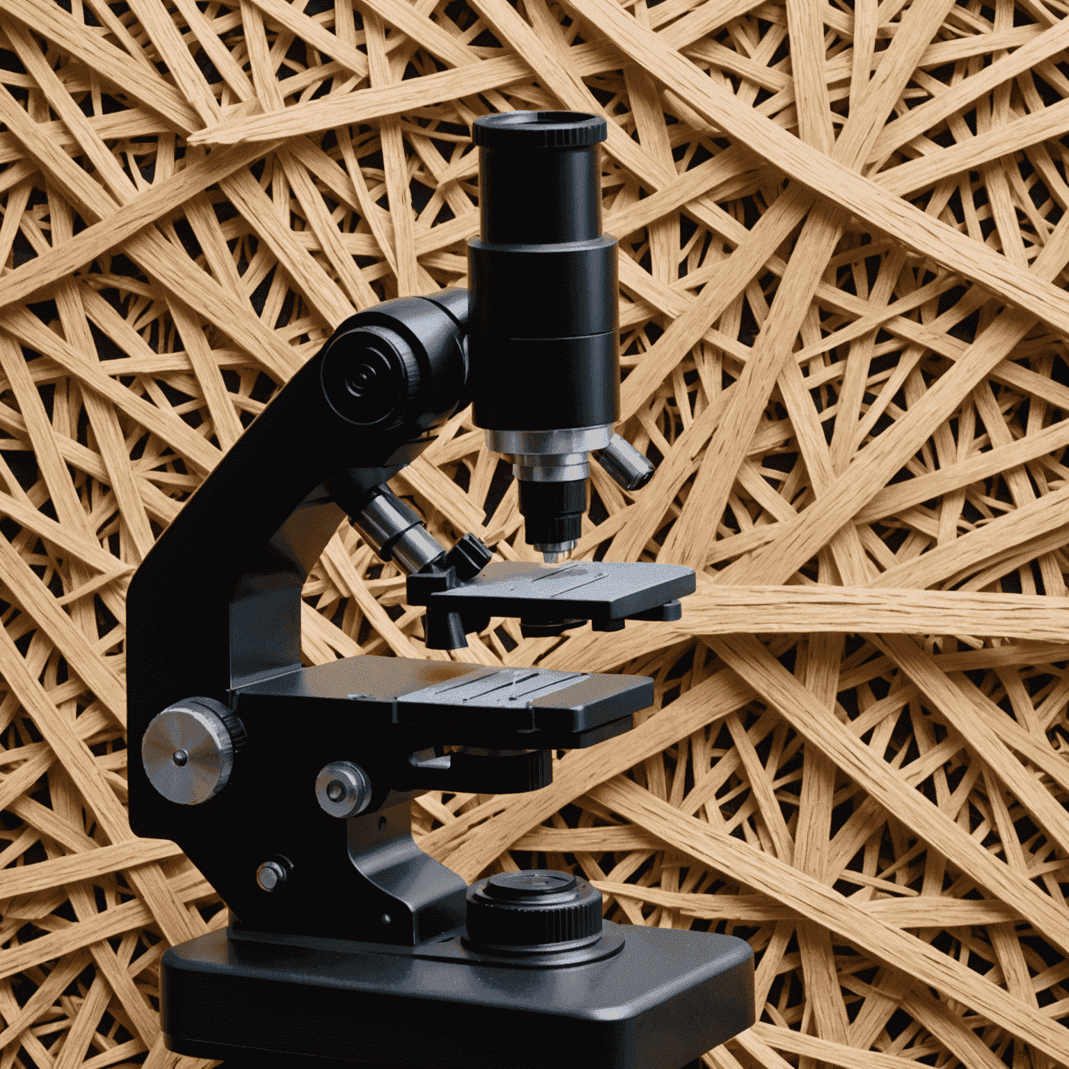 A microscope examining wood fibers, with DNA strands overlaid, representing genetic modifications in furniture repair techniques