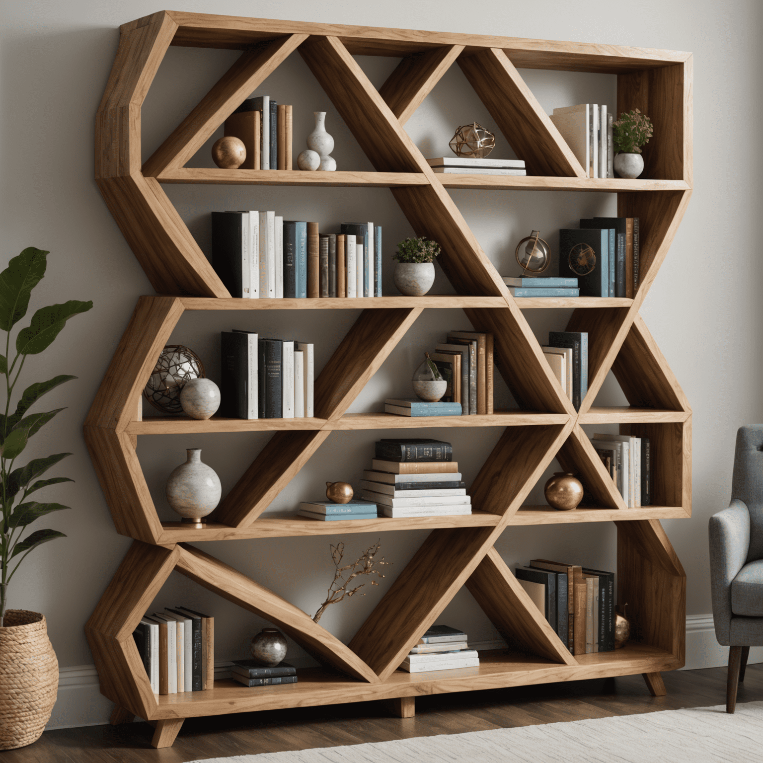 A close-up of the Double Helix Bookshelf, showing the intricate wood grain and the clever design that allows books to be stored at various angles, mirroring the structure of DNA