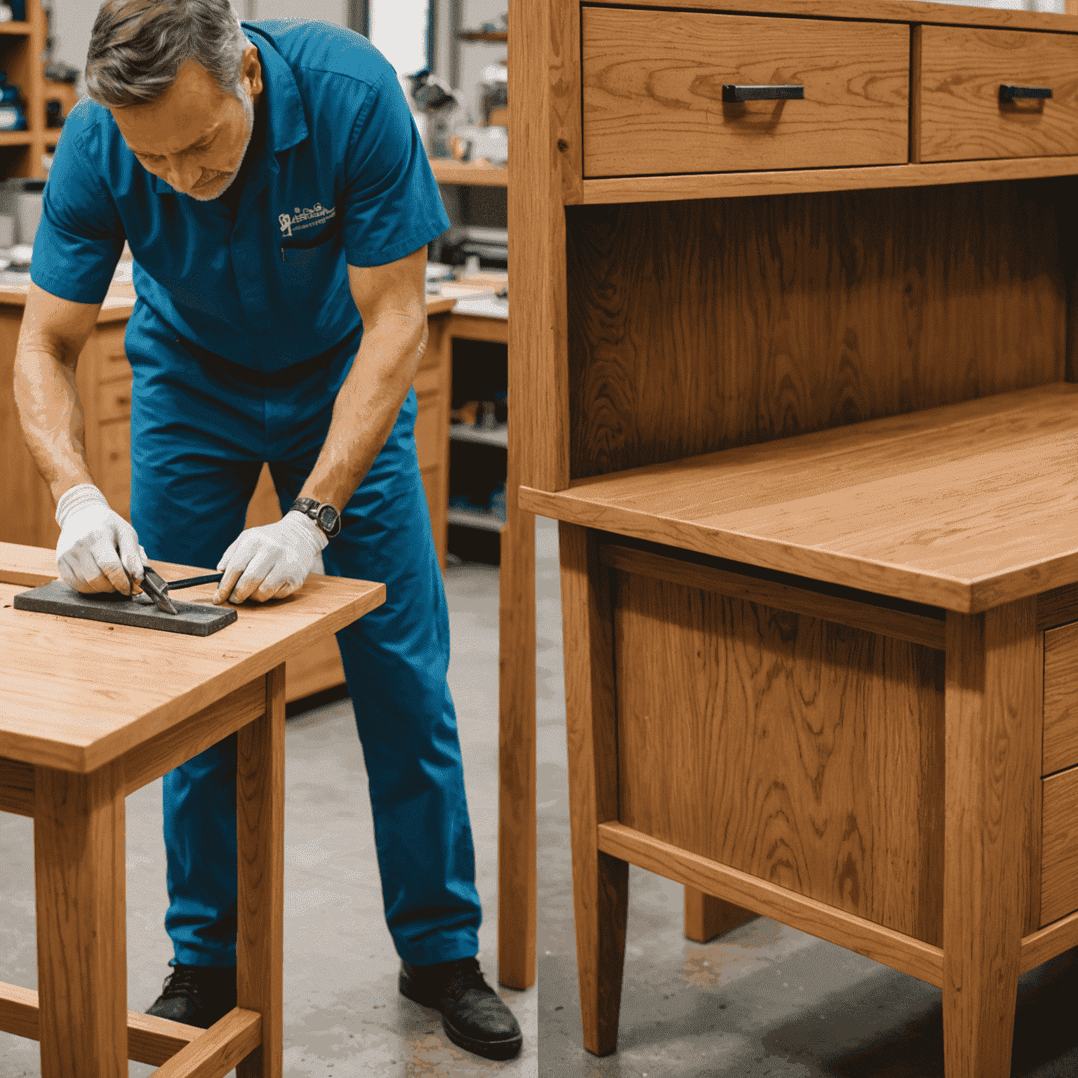 A split-screen image showing traditional wood furniture repair on the left and bioengineered furniture materials on the right. The bioengineered side displays vibrant, uniform wood grain and a scientist applying an eco-friendly, self-healing finish.