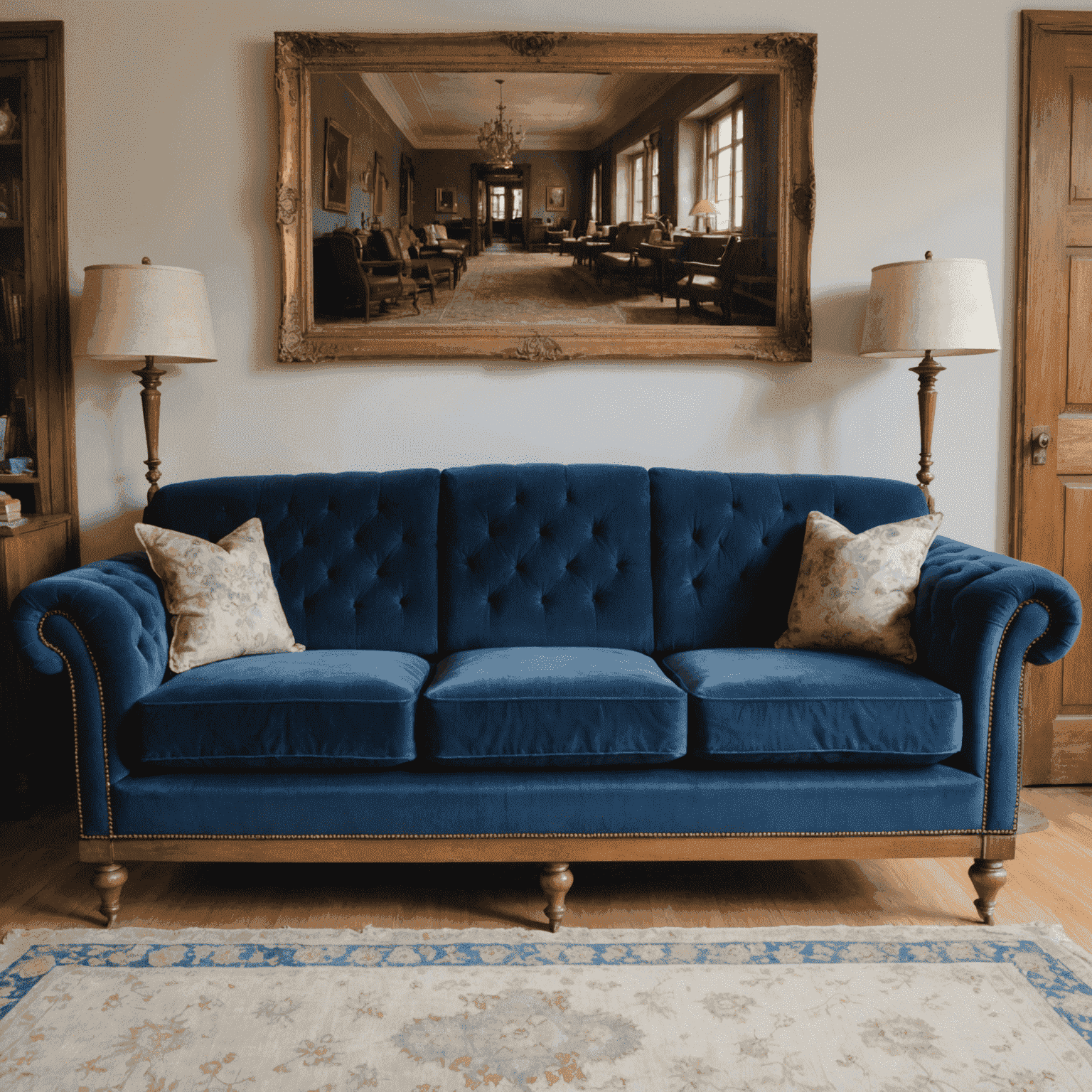 A before and after comparison of a restored vintage sofa. The left side shows a worn-out, faded sofa with visible tears, while the right side displays the same sofa beautifully reupholstered in a luxurious, deep blue velvet fabric with polished wooden legs.