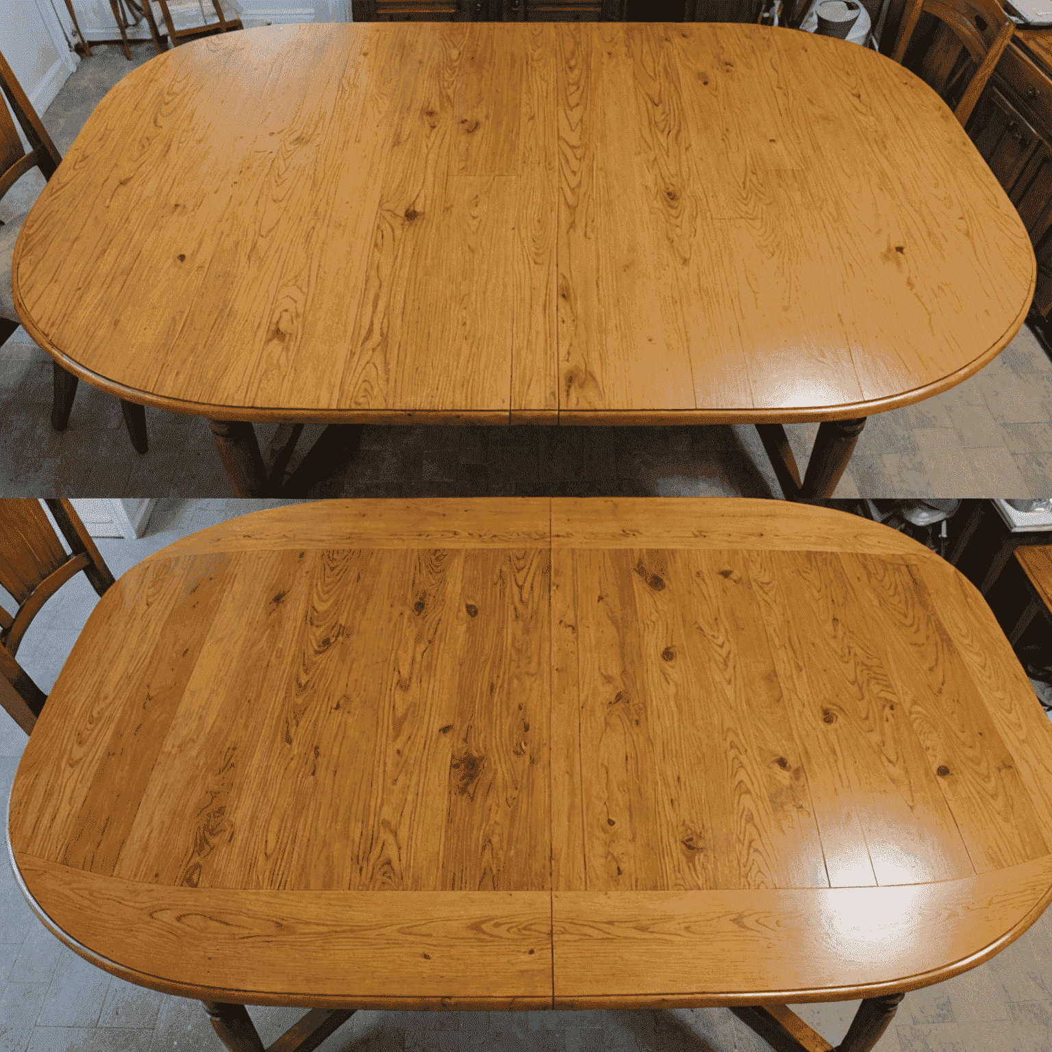 Before and after images of a refinished wooden dining table, showing the transformation from a dull, scratched surface to a gleaming, smooth finish