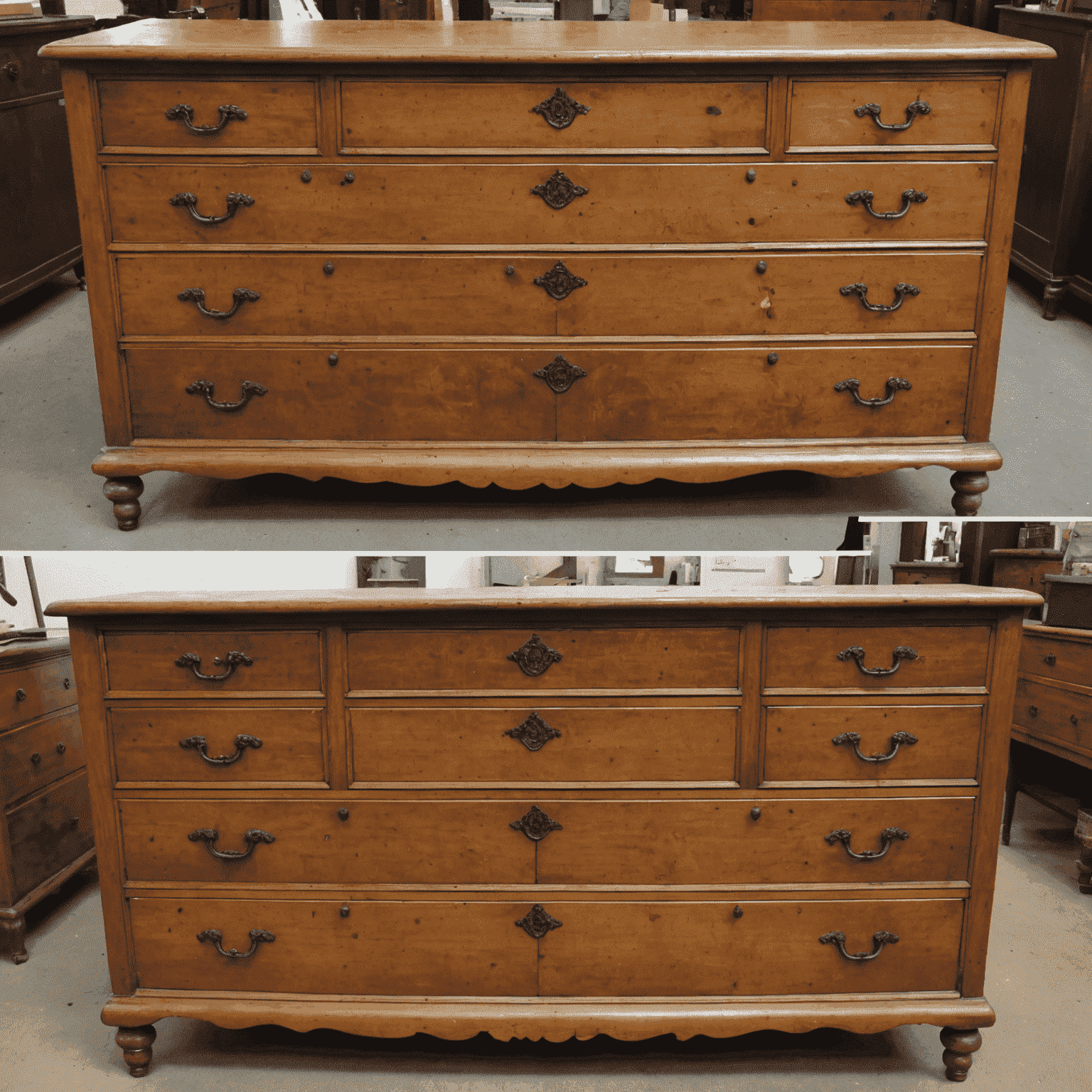 Before and after images of a structurally repaired antique wooden dresser, showcasing the restored stability and beauty of the piece