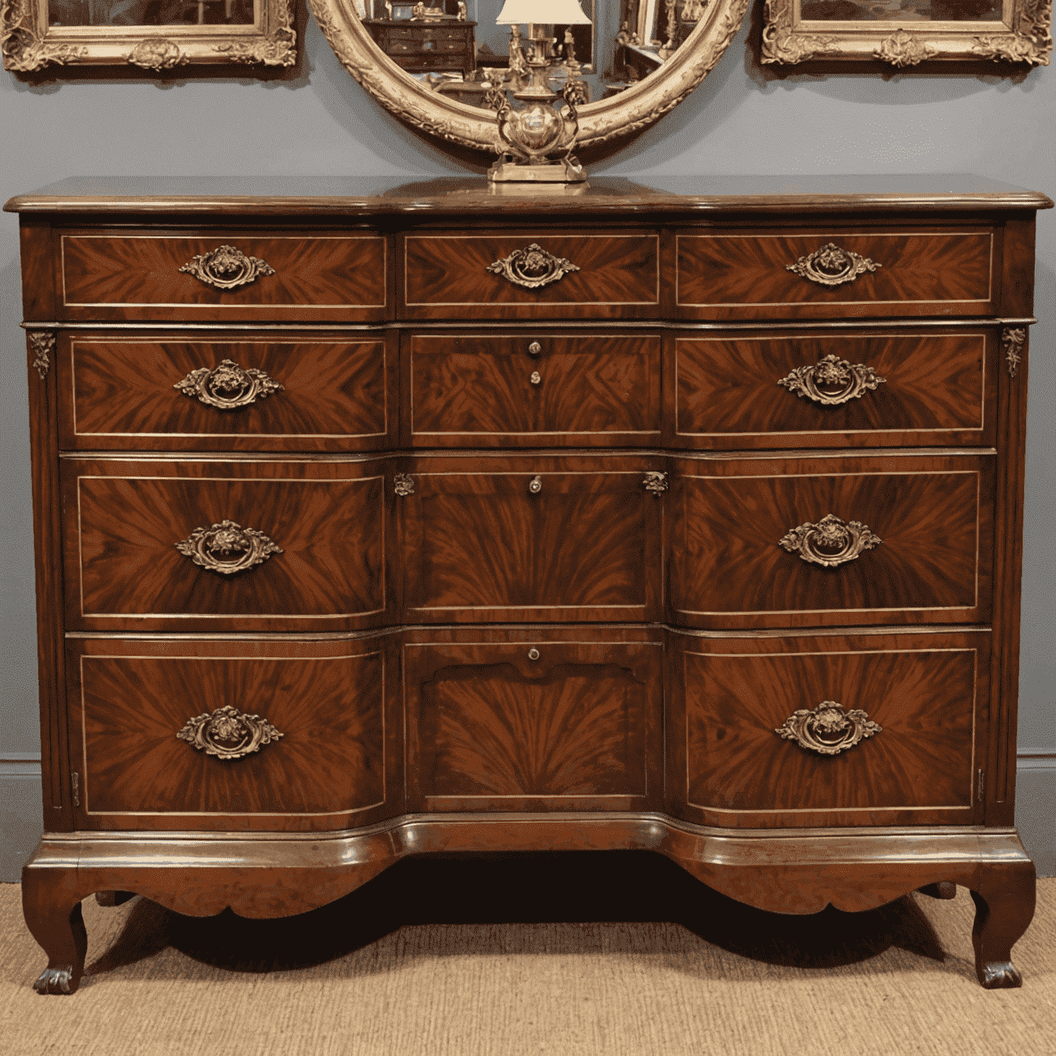 Before and after images of a restored 18th-century mahogany dresser, showcasing the dramatic transformation from a worn, scratched surface to a gleaming, polished finish