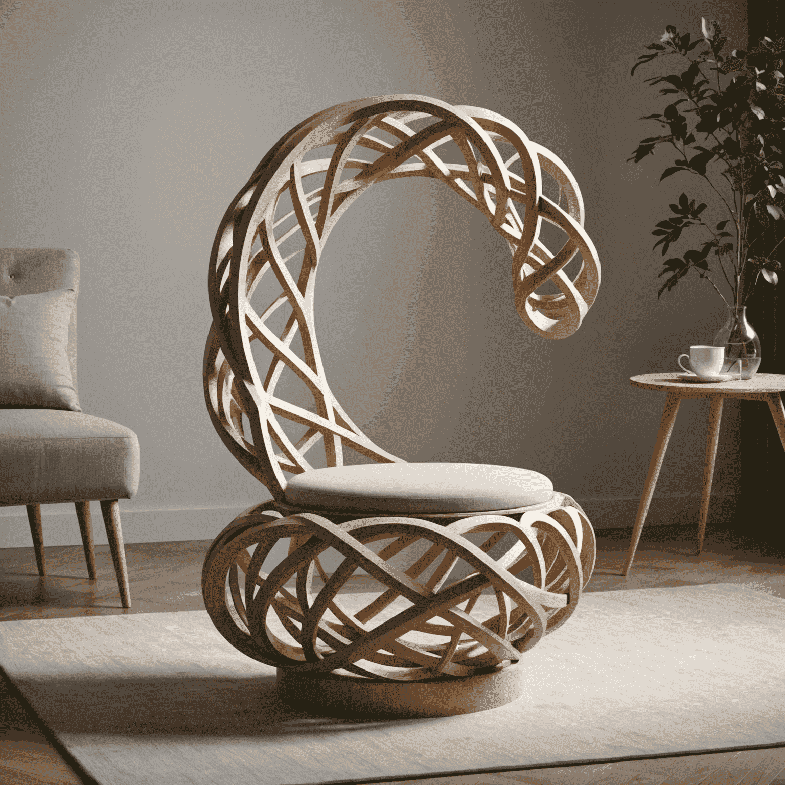 A modern chair with a unique spiral structure resembling a DNA helix, showcasing innovative furniture design