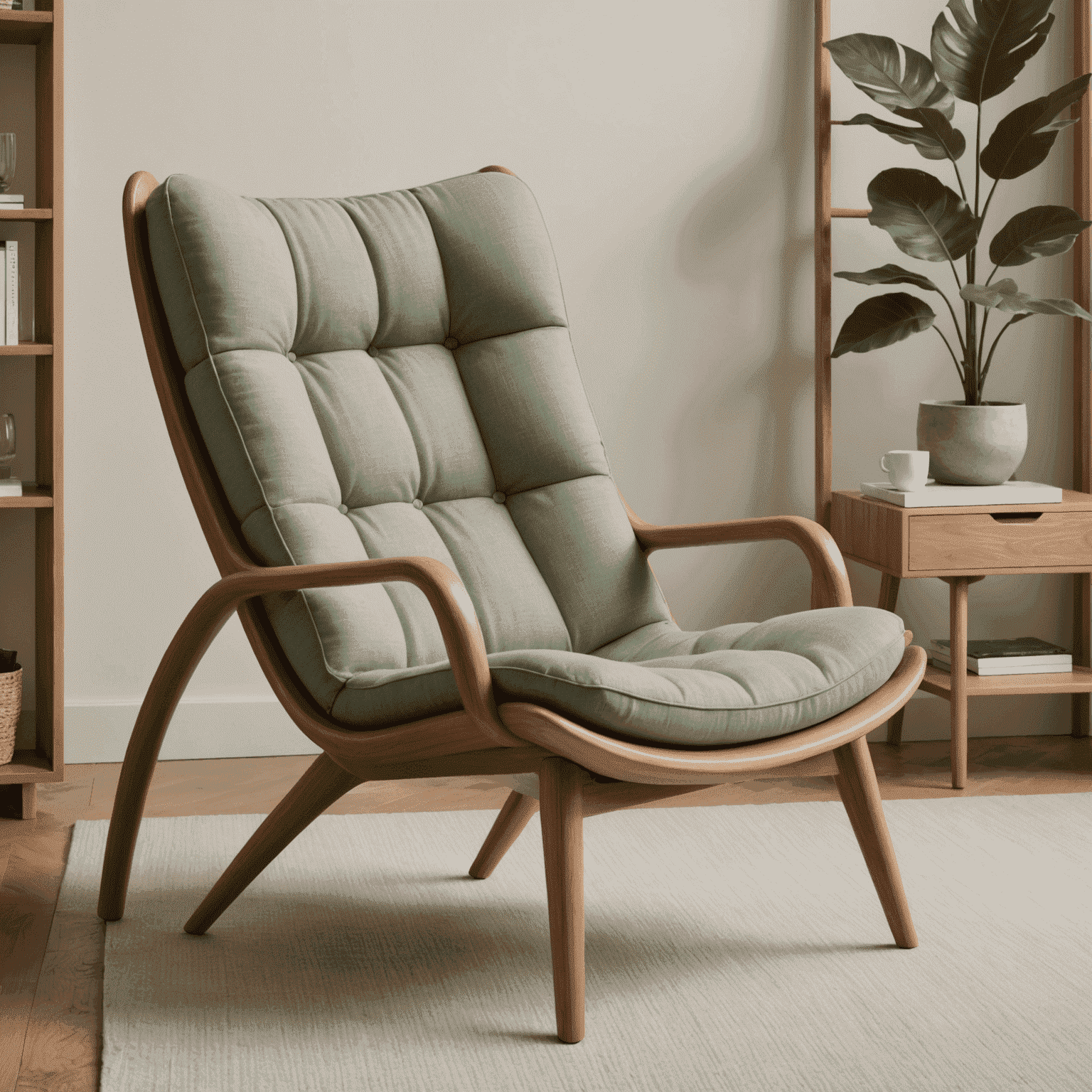 The RNA Lounge Chair, showcasing its unique curved design reminiscent of RNA structure, upholstered in a soft sage green fabric that complements the warm wood tones of the frame