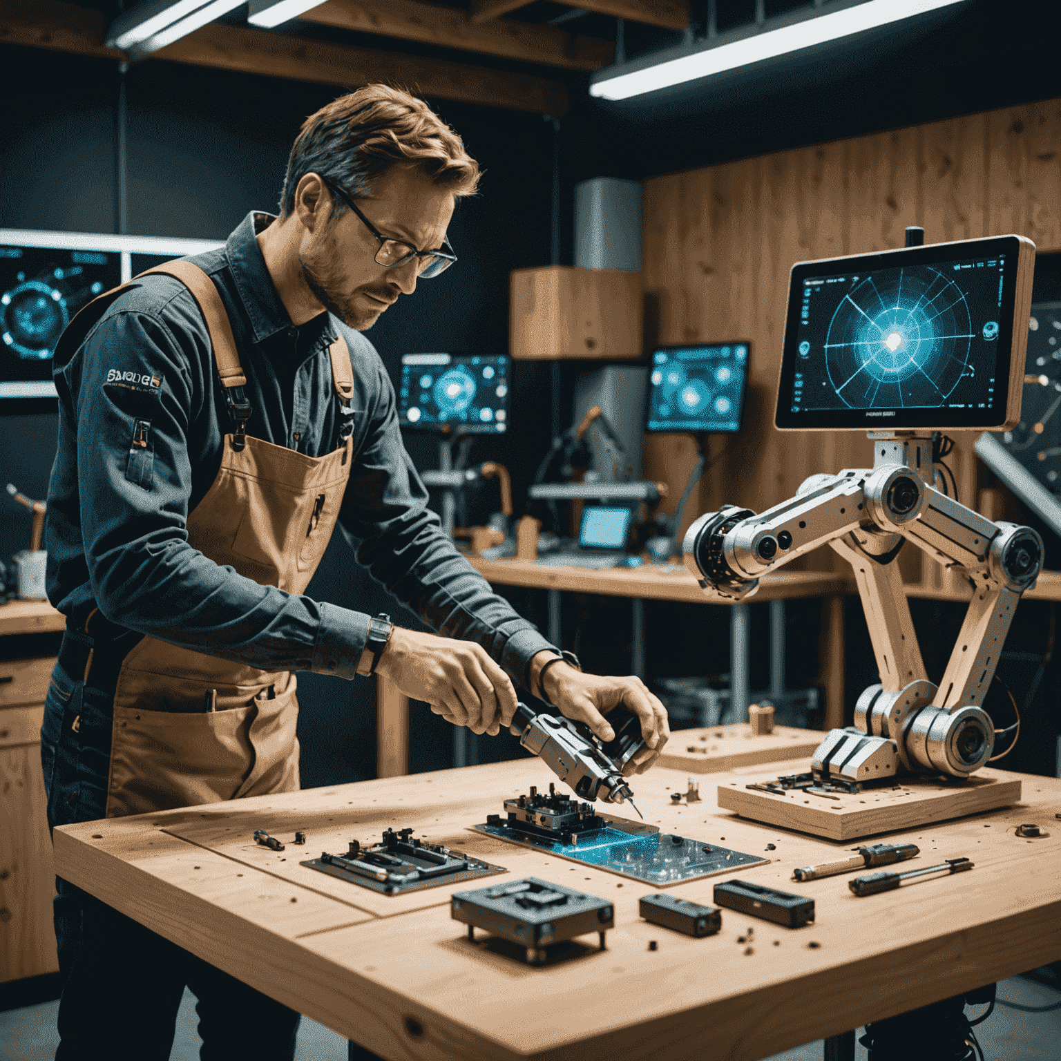 A futuristic workshop setting where a furniture repair specialist is using advanced tools to work on a piece made from bioengineered wood. Holographic displays show the molecular structure of the material, and robotic arms assist in the precise application of eco-friendly finishes.