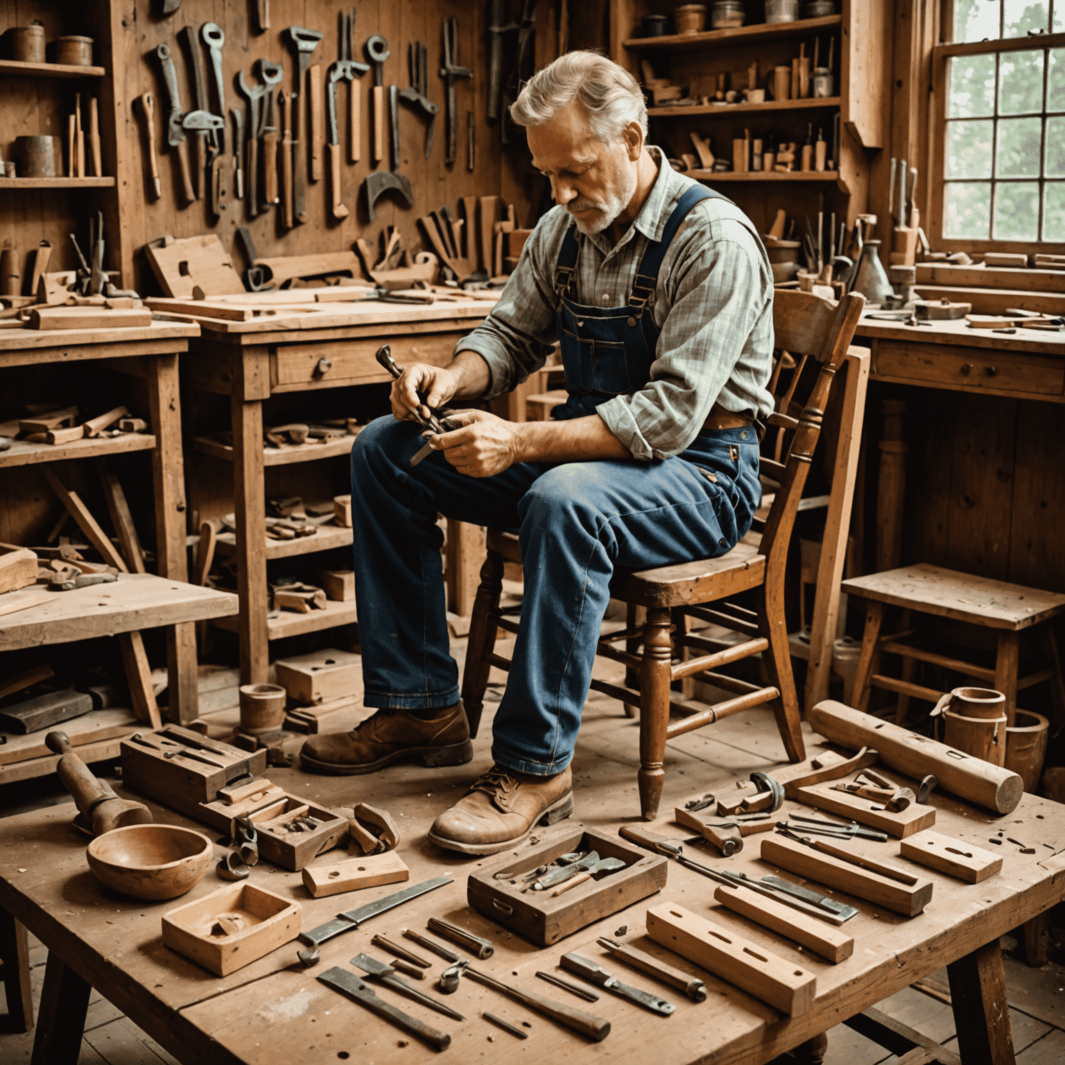 A carpenter working on repairing the broken leg of an antique chair, with various woodworking tools spread out on a workbench