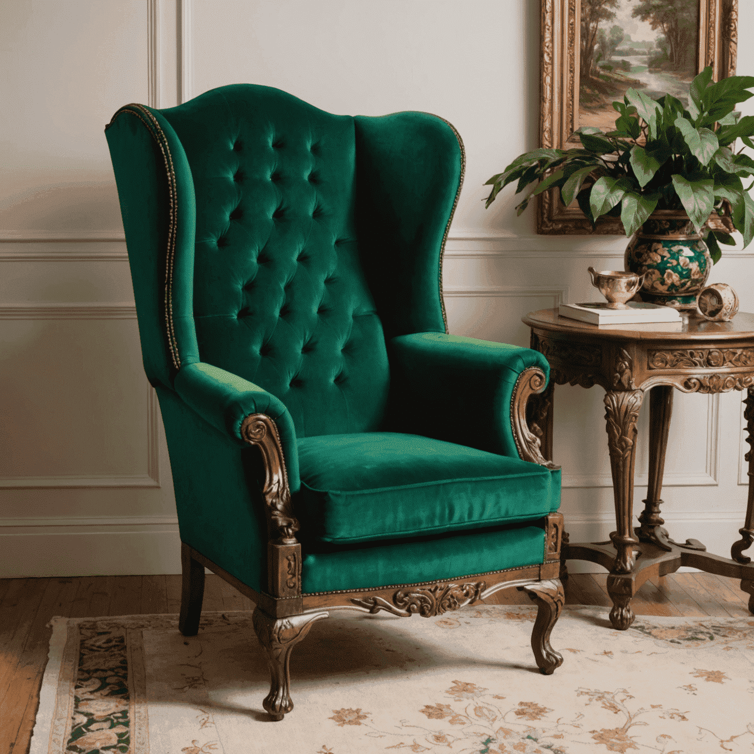 A fully restored Victorian-era wingback chair, reupholstered in a rich emerald green velvet fabric. The intricate wood carving on the legs and arms has been carefully refinished to highlight the original craftsmanship.