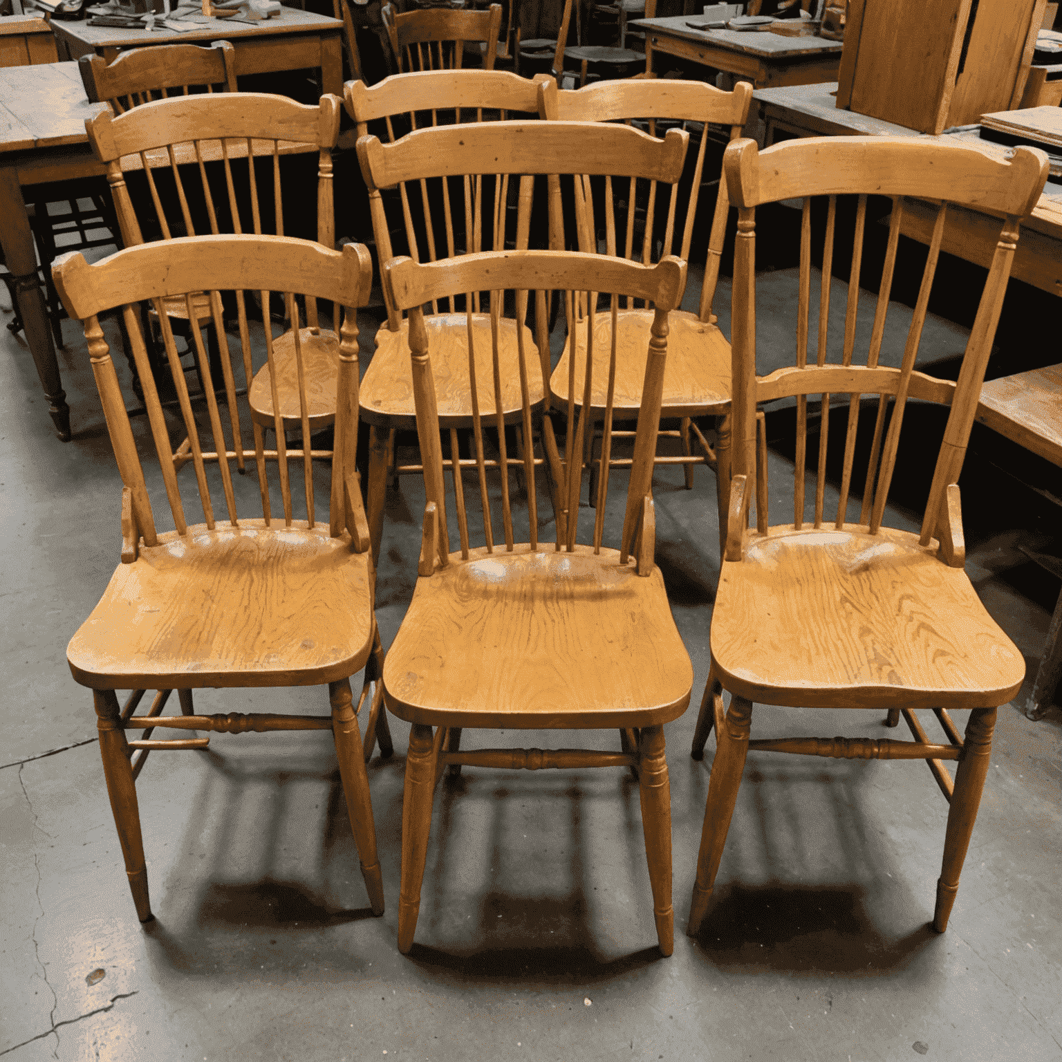 A set of wooden chairs in various stages of refinishing, showcasing the process from stripping to final polishing