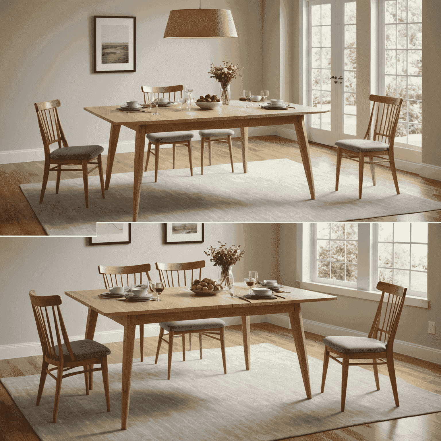 A series of images showing a dining table being modified. The sequence demonstrates the table being shortened, leaves removed, and legs adjusted to transform it from a formal dining table to a more compact breakfast nook table.