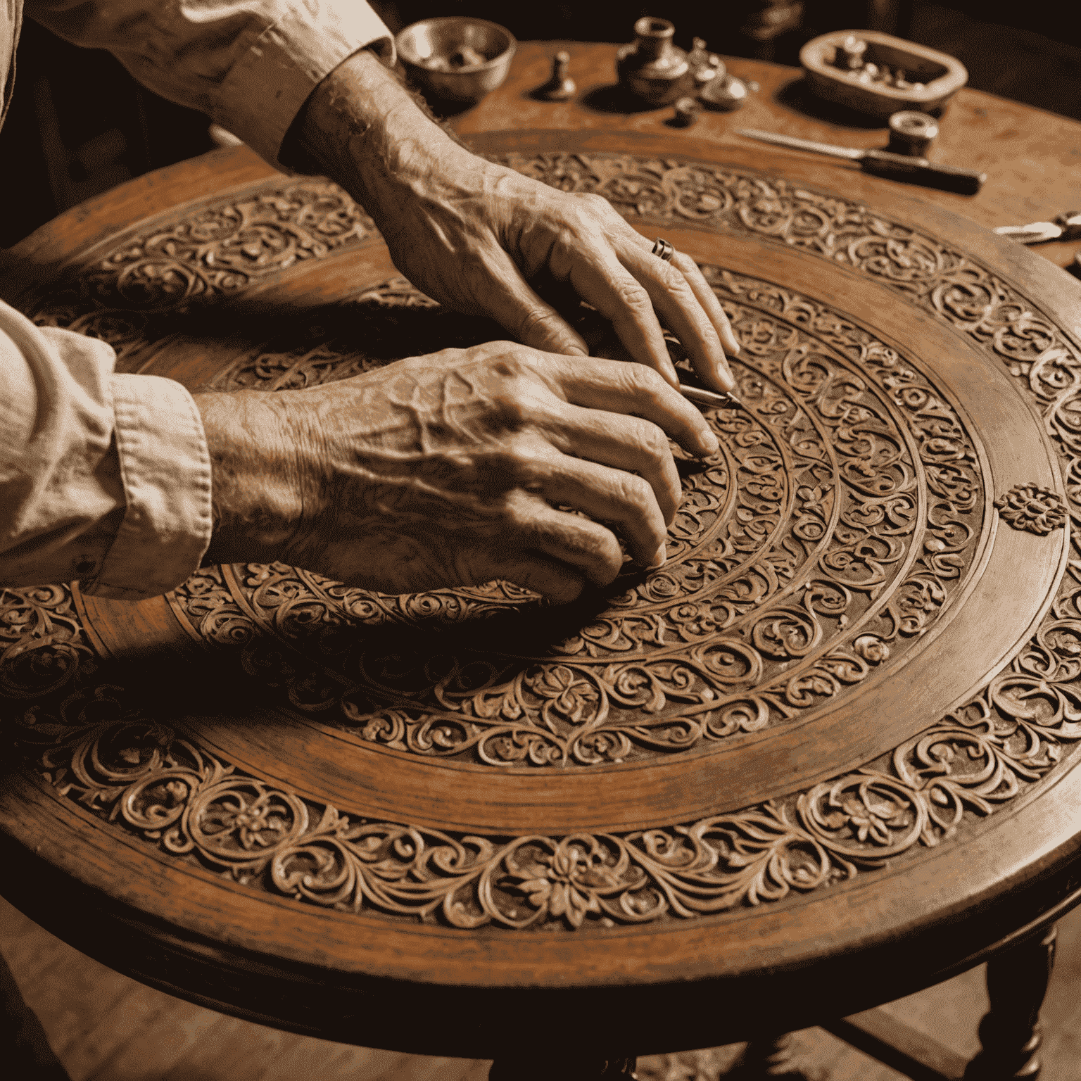 A close-up of hands meticulously repairing intricate inlay work on an antique table top, showcasing the precision and skill involved in restoring decorative elements