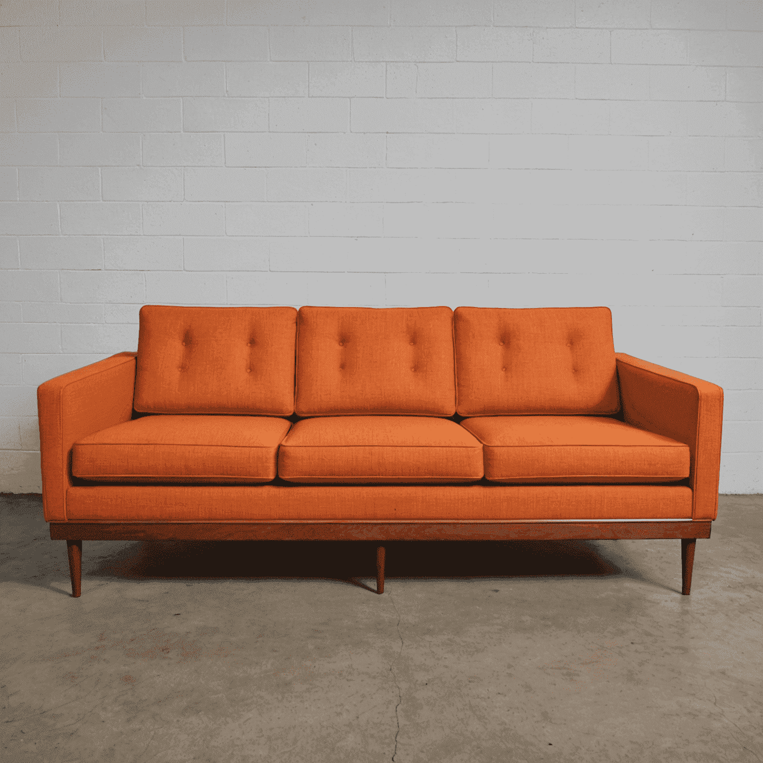 A mid-century modern sofa that has been expertly reupholstered in a warm, textured orange fabric. The sleek wooden frame has been polished to a high shine, showcasing the beautiful grain of the teak wood.