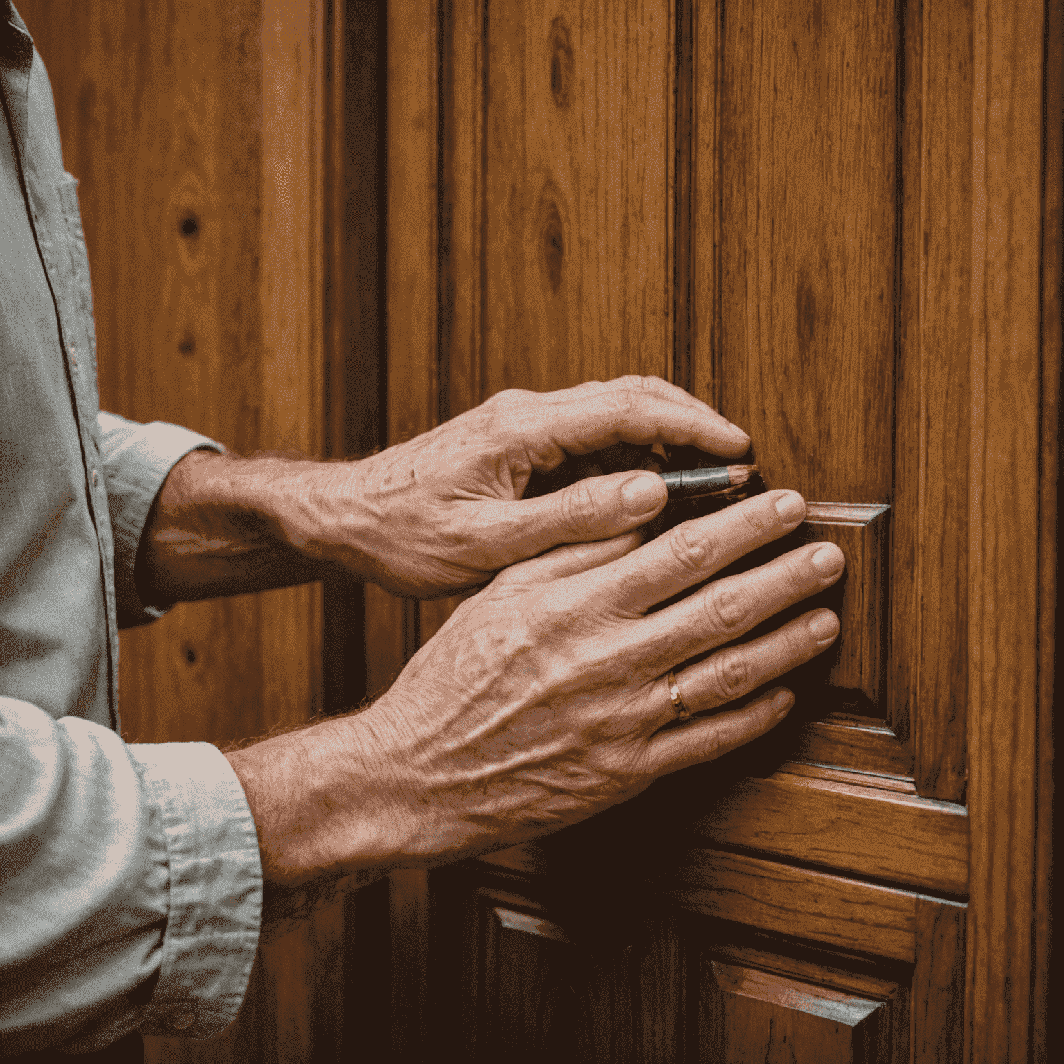 A close-up of hands applying a rich, warm stain to a wooden cabinet door, highlighting the grain and craftsmanship