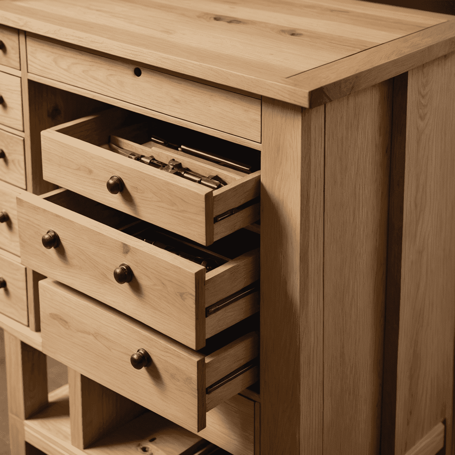 Close-up images of various furniture joints and mechanisms. The photos showcase dovetail joints, hidden drawers, and clever storage solutions being added to existing furniture pieces.