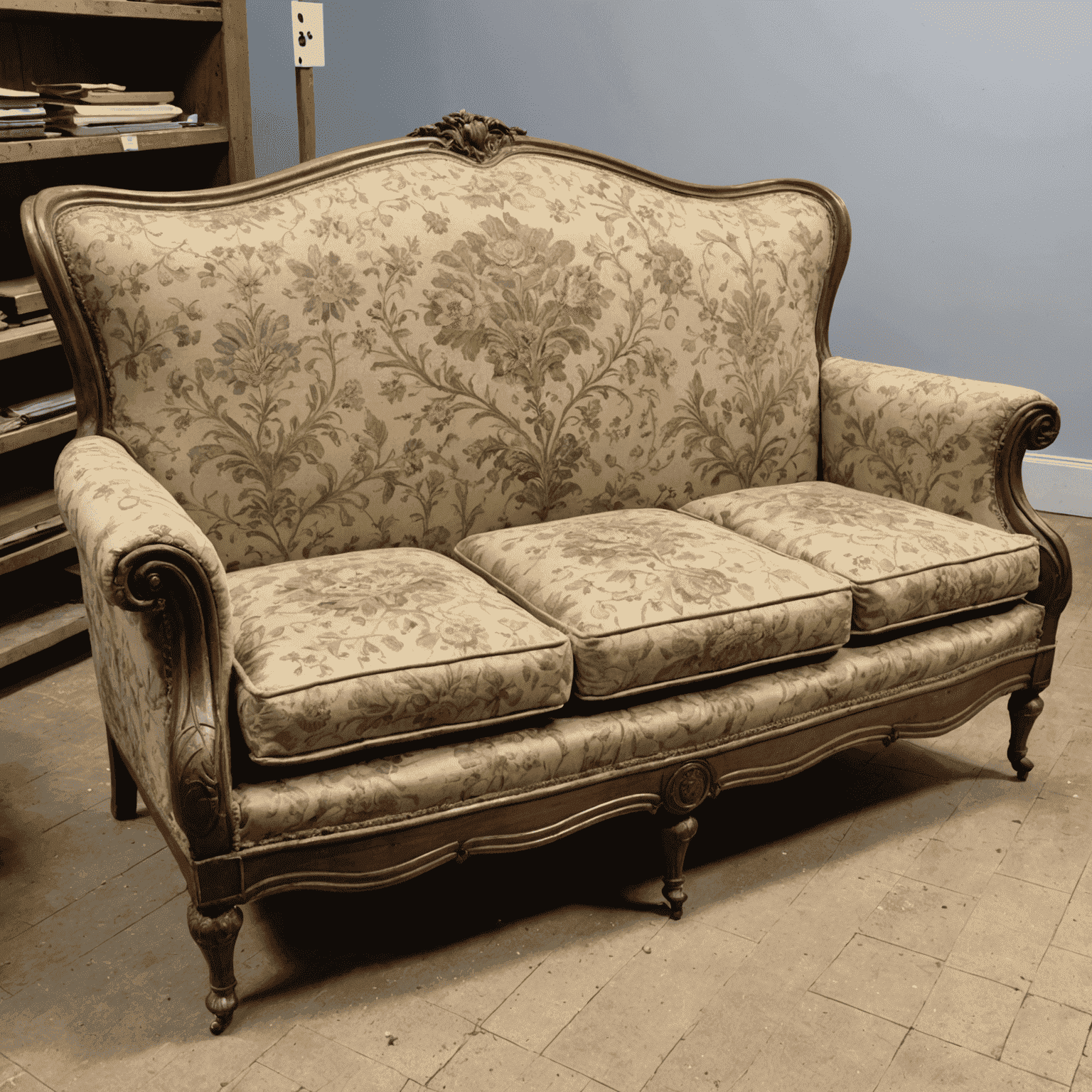 An antique sofa in the process of being reupholstered, with half of it showing the original worn fabric and the other half showcasing new, period-appropriate upholstery