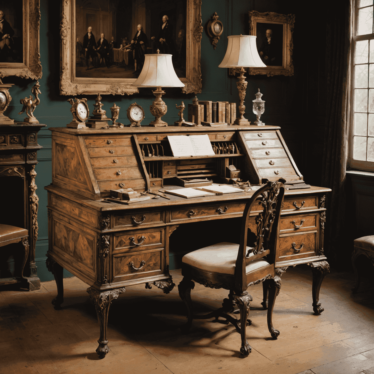 An expert carefully restoring an ornate 18th-century writing desk, with period-appropriate tools and materials visible, emphasizing the delicate nature of antique restoration